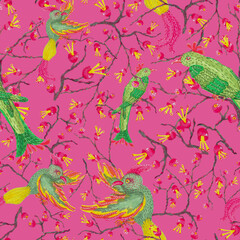 Eden birds with fuchsia berries on pink backdrop.