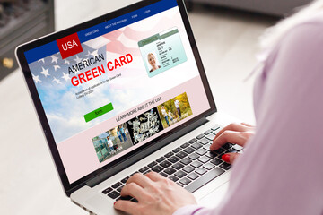 woman with laptop Permanent resident card Green card of USA