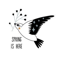 Spring is here. Cute cartoon bird with flower