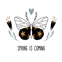 Spring is coming. Card, poster with butterfly