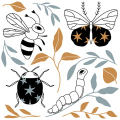Obraz premium Set with cute cartoon doodle insects and leaves