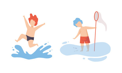 Boy Having Vacation at Sea Splashing in Water and Catching Fish with Net Vector Set