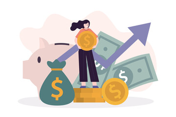 Business woman with gold coin invest money. Employee investing and saving cash. Girl save or hoard currency. Concept of investment, finance management