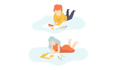 Creative Girl and Boy Lying on the Floor and Drawing with Pencils Vector Set