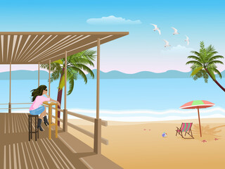 Woman sitting in a bamboo cafe on a beach by the sea with sea and sky in the background.