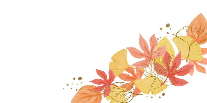 水彩風 紅葉とメタルラインの素材ベクターイラスト コーナーフレーム 飾り枠 Stock Vector Adobe Stock