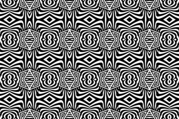 Ethnic pattern, geometric background. Beautiful exotic ornament in the style of optical illusion. Black white template for creativity, coloring, design.