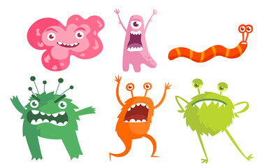 Set of bacteria, microbes, cute germs and viruses with funny faces on white background. Angry microbe monsters, bacteries and viruses with teeth and tongues. Flat cartoon vector illustration