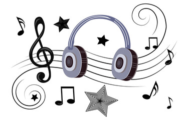 Cute hand drawn headphone headset icon in comic style on white background. Concept of music party while listening to records using headphones. Flat cartoon vector illustration