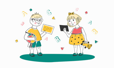 A boy and a girl are holding gadgets in their hands. 