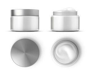 Cosmetic cream in white jar top and front views mockup. Realistic skin care product package. Round open container with cream gel vector set