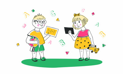 A boy and a girl are holding gadgets in their hands. 