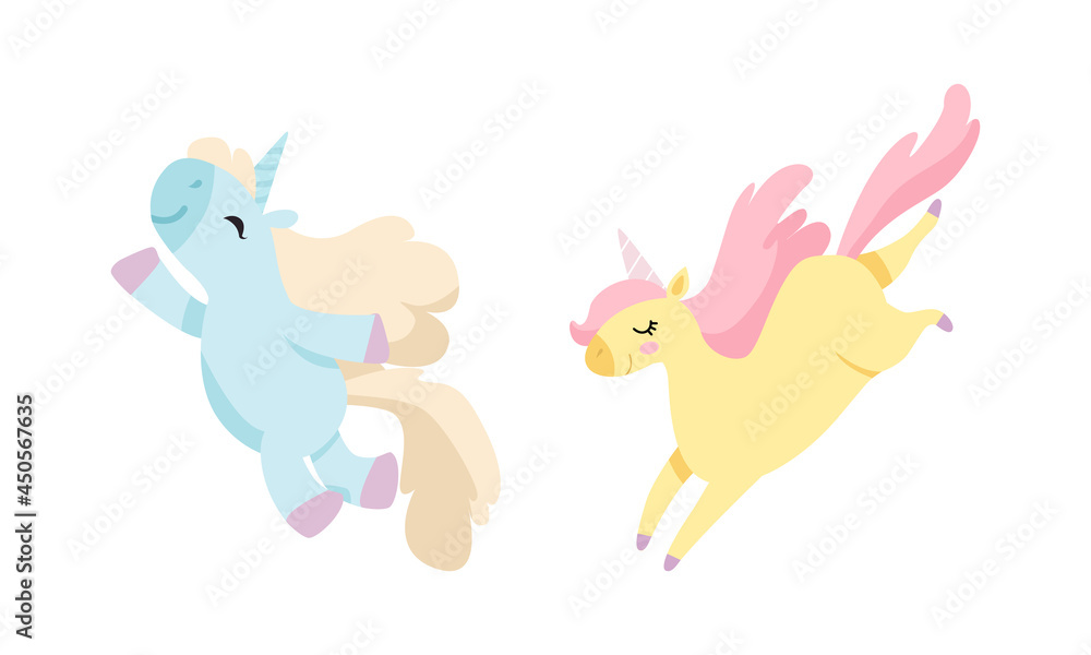 Poster cute unicorn character with pointed spiraling horn and mane jumping vector set
