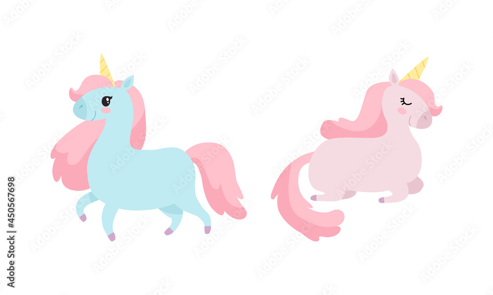 Aufkleber cute unicorn character with pointed spiraling horn and mane sleeping and walking vector set