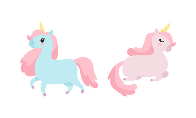 Cute Unicorn Character with Pointed Spiraling Horn and Mane Sleeping and Walking Vector Set