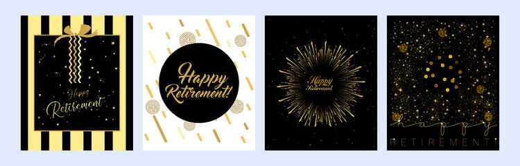 Vector illustration of Happy Retirement posters on a grey background with sparkles and confetti in flat design style - 450567821
