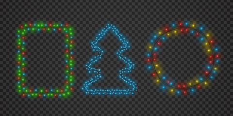 Christmas light garland frames in round, square and tree shape. Xmas glow border decoration for holiday greetings. Lights wreath vector set