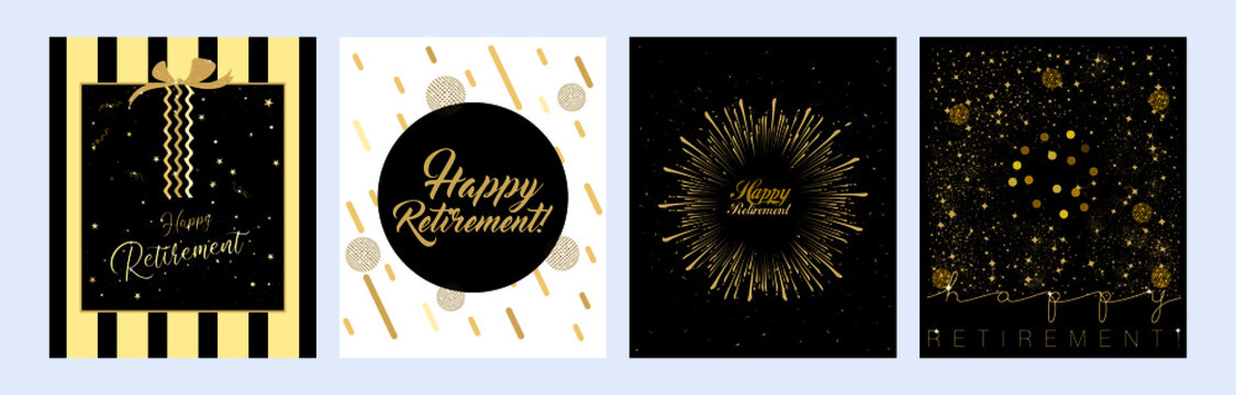 Vector Illustration Of Happy Retirement Posters On A Grey Background With Sparkles And Confetti In Flat Design Style