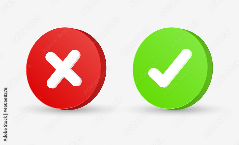 Poster 3d check mark icon button - correct and incorrect sign or green tick and red cross 