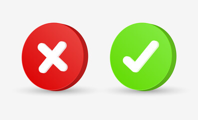 Obraz premium 3d check mark icon button - correct and incorrect sign or green tick and red cross 