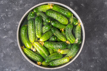 Green fresh cucumber in water in an iron bowl