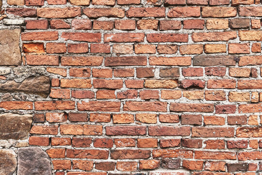 Old red brick wall, grunge background. Copy space