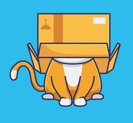 Cute baby cat hide his head on the cardboard box. Animal Isolated Cartoon Flat Style Sticker Web Design Icon illustration Premium Vector Logo mascot
