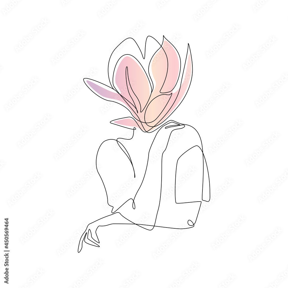 Poster one continuous line drawing of abstract woman body with flower. modern elegance female portrait with