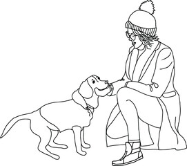young girl in glasses with cheeks in a coat, hat, mittens, scarf, jeans and sneakers. Casual style for fall or spring for cold weather.Girl walking in cold weather with a dog in clothes