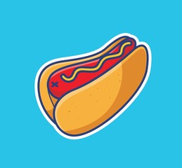 Cartoon delicious hotdog with ketchup sausage junkfood. Food and Drink Cartoon Flat Style Icon illustration Premium Vector Logo Sticker Mascot isolated web design
