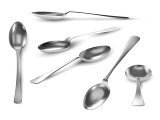 Realistic spoon views. 3D metal table utensil. Steel teaspoon top, angles and side view. Silver spoons for coffee, tea or dessert vector set