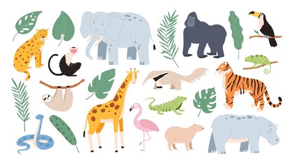 Obraz na płótnie Canvas Flat tropical animals from african savannah and jungle forest. Cartoon tiger, monkey, flamingo, elephant and sloth. Safari animal vector set