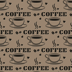 Seamless coffee pattern with hand drawn elements. Doodle Cup, hearts and coffee beans. Background for cafe, restaurant, coffee shop or menu. Vector illustration.