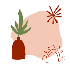 Modern abstract art print. Hand drawn illustration. Warm earthly palette. Beige, cream, green, brown. Crock with palm leaf with abstract simple shape, line rainbow and painted sun. 