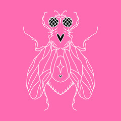 fly silhouette with hearts, eyes, wings, paws, dots and a star. Vector isolated hand drawing insect
