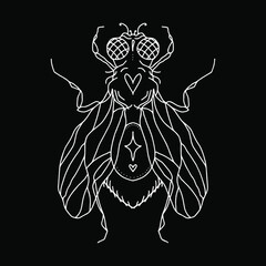 fly silhouette with hearts, eyes, wings, paws, dots and a star. Vector isolated hand drawing insect