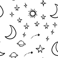 Stars, planets and moons seamless pattern. Hand drawn sky element doodles. Background texture. Space, universe and cosmos.