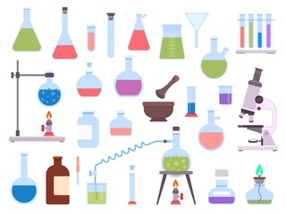 Flat chemistry laboratory glassware equipment for science experiment. Medical lab beaker, test tube, microscope, burner and flask vector set