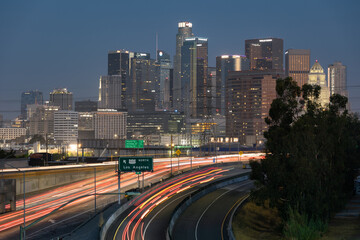 Highway leading into downtown Los Angeles at dawn