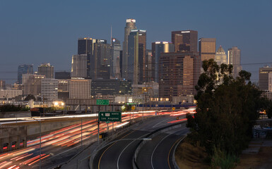 Highway leading into downtown Los Angeles at dawn