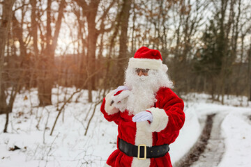 Santa Claus standing near a forest tree holding in a red bag gifts for children for Christmas around snow