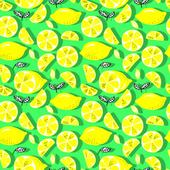 vector seamless pattern lemons and sliced lemons on a background. Summer lemon pattern for background, fabric, paper, textile, invitations, web pages.