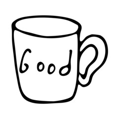 A mug for hot drinks, hand-drawn in the style of a doodle. Drawing of a glass for printing, the Internet, mobile devices and infographics, isolated on a white background.  