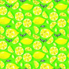 vector seamless pattern lemons and sliced lemons on a background. Summer lemon pattern for background, fabric, paper, textile, invitations, web pages.