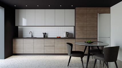 The kitchen is decorated in a minimalist style. 3d rendering