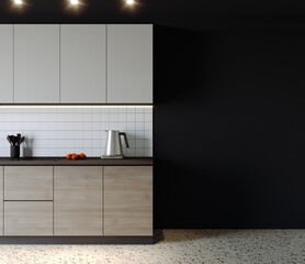 The kitchen is decorated in a minimalist style. 3d rendering