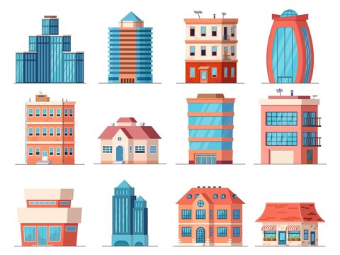 Cartoon office city buildings, skyscraper and downtown apartment house. Real estate, business tower, shop and cafe building. Town vector set