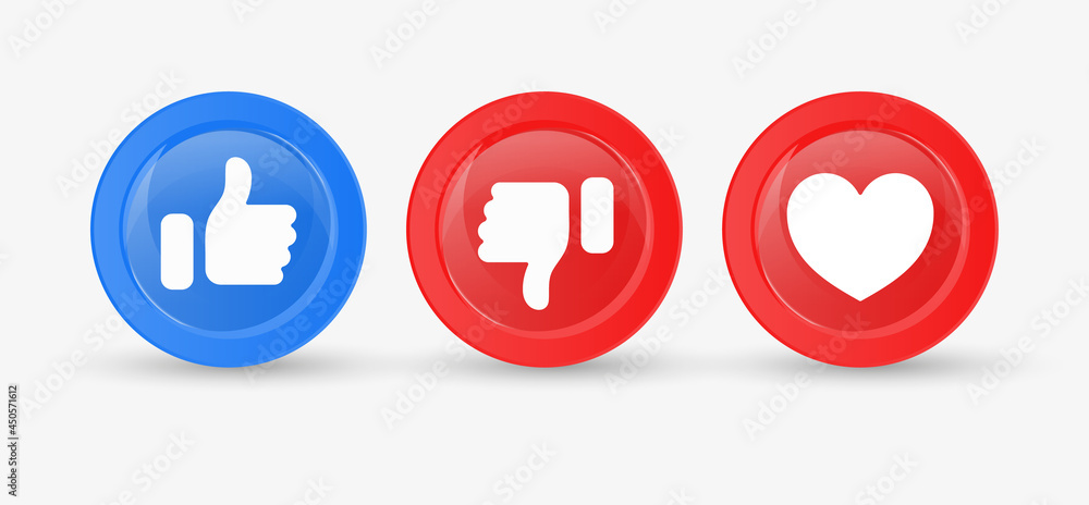 Poster  like love dislike icons buttons or Thumbs up, thumb down button with heart icon for social media notification icons in modern style with lights