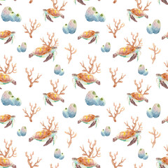 Watercolor seamless pattern with turtles and sea corrals