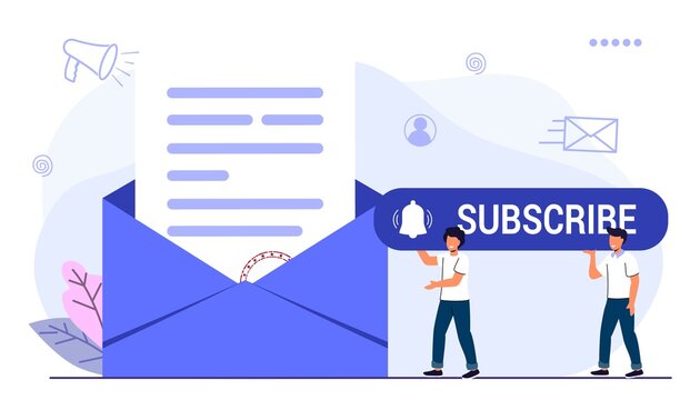 Subscribe Now Our Newsletter Vector Illustration With Tiny People Working Envelope Email Subscribe Concept Email Marketing System News Webpage  Information About Events Activities Company Information